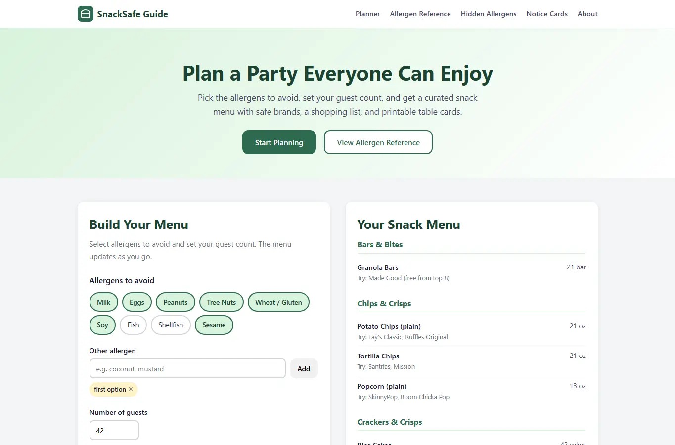 Screenshot of Allergy-Safe Party Snack Guide interface showing the project page in use